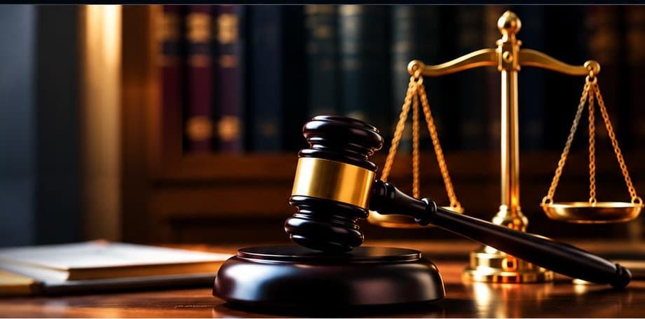 A wooden gavel and brass scales of justice on a desk, with a notebook and blurred law books in the background.